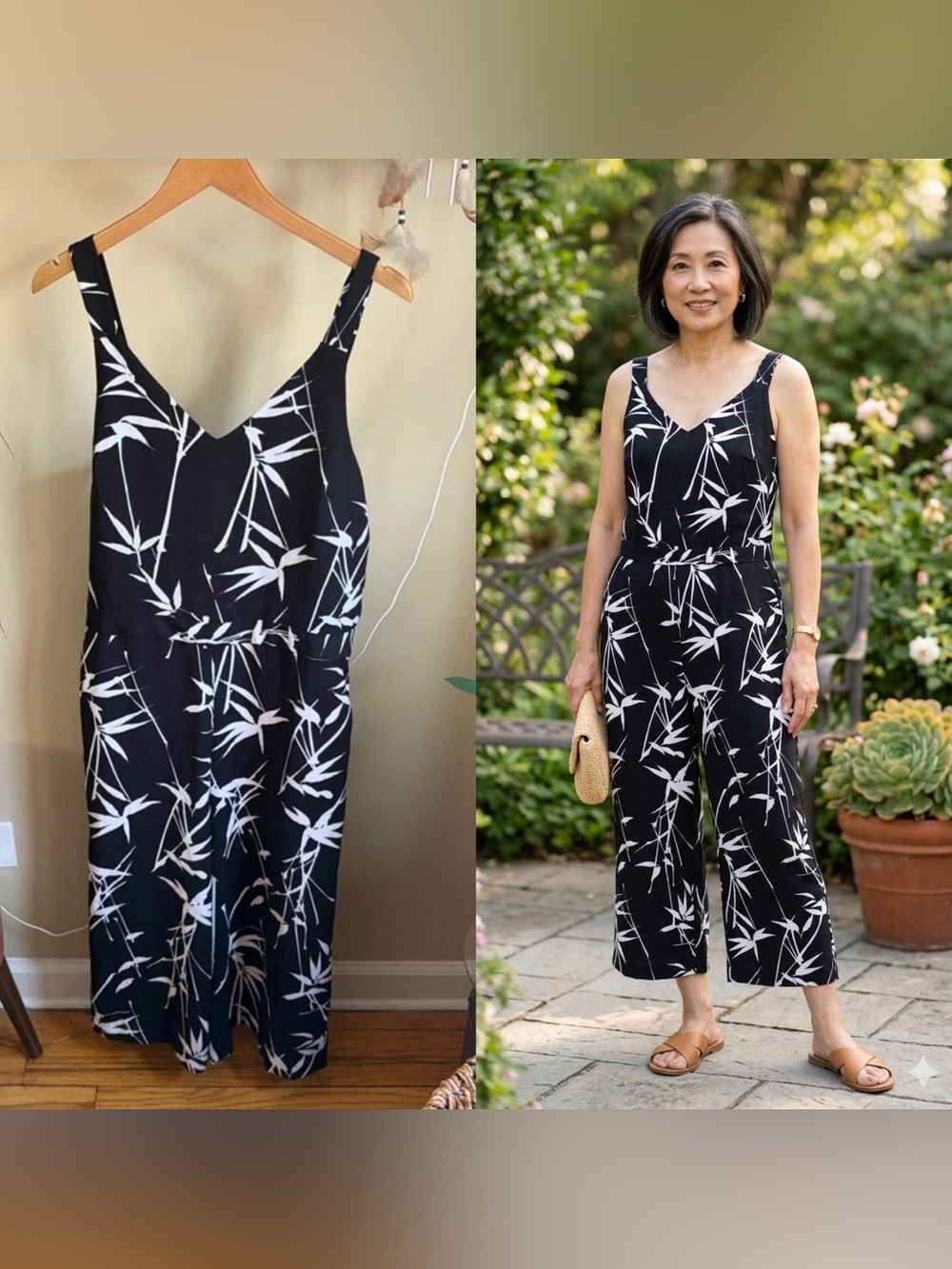 Banana Republic Factory Black & White V-Neck Jumpsuit with Bamboo Print